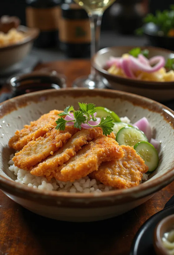 Tonkatsu zdjela s krastavcima i sjemenkama sezama, ukrašena svježim korijanderom