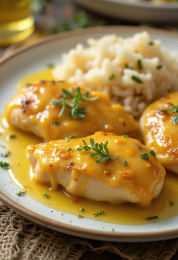 Sočna piletina s medom i senfom pečena do hrskavosti, poslužena sa svježim povrćem.