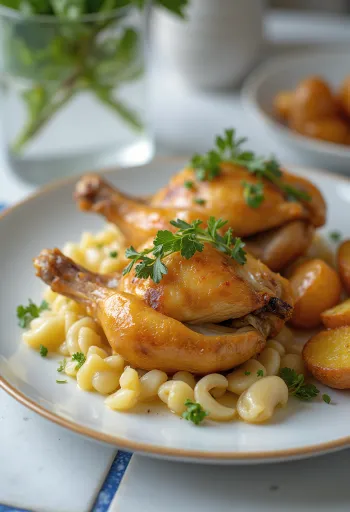 Pečena prepelica sa začinskim biljem, hrskavom kožom i ukrašena limunom