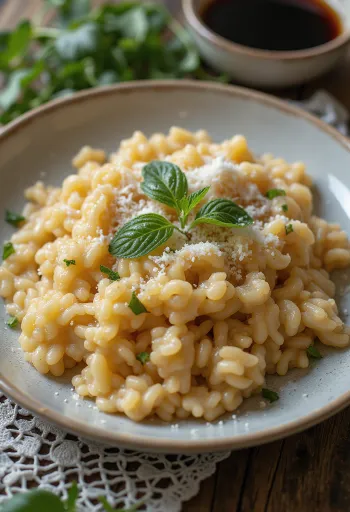 Tamari rižoto, poslužen s peršinom u dubokom tanjuru