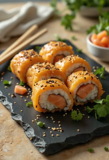 Inarizushi s miso lososom, poslužen sa svježim korijanderom i sjemenkama sezama