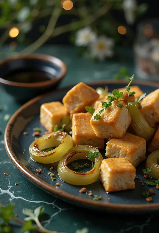 Prebiotički pečeni tofu sa začinjenim porilukom, pečen do zlatnosmeđe boje