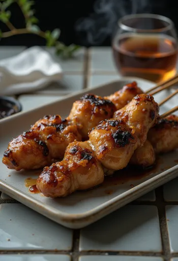 Tebamoto yakitori pileća krilca - rameni dio na štapiću, posluženo sa sezamom i svježim mladim lukom