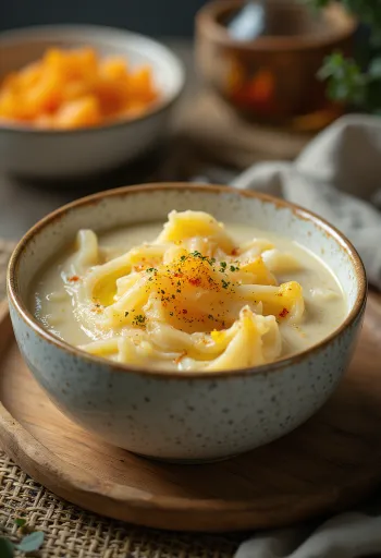 Kremasto varivo od tikvica s koprom i kiselim vrhnjem, posluženo sa svježim hrskavim pecivom.