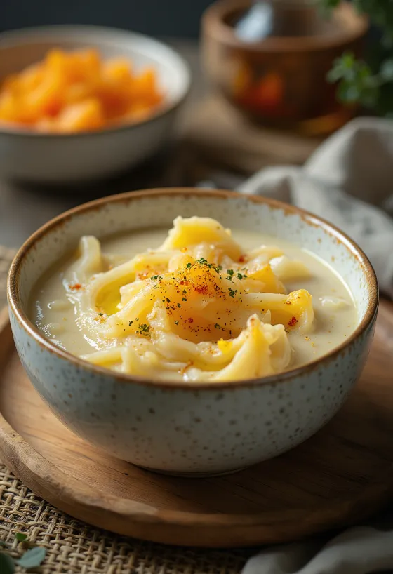 Kremasto varivo od tikvica s koprom i kiselim vrhnjem, posluženo sa svježim hrskavim pecivom.