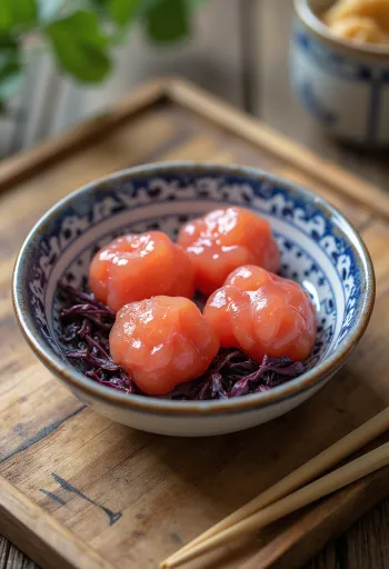 Tradicionalno pripremljene umeboshi šljive u staklenci sa shiso listovima