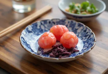 Tradicionalno pripremljene umeboshi šljive u staklenci sa shiso listovima