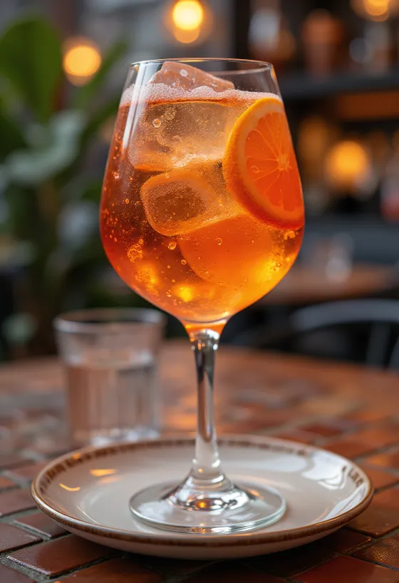 Aperol Spritz ukrašen kriškom naranče i kockicom leda