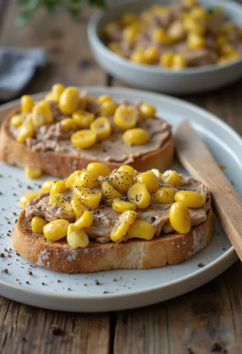 Kriška kruha bogato namazana jetrenom paštetom, ukrašena kukuruzom i senfom