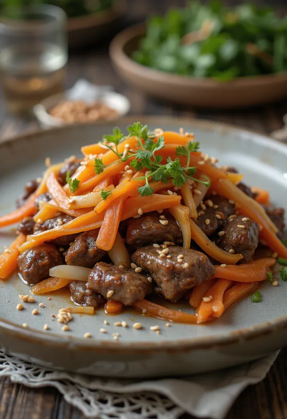 Juneći Bulgogi s mrkvom korejsko jelo posluženo