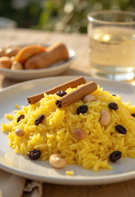 Mishti Pulao sa šafranom, začinjena riža, ukrašena ružinom vodicom i suhim voćem