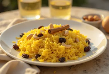 Mishti Pulao sa šafranom, začinjena riža, ukrašena ružinom vodicom i suhim voćem