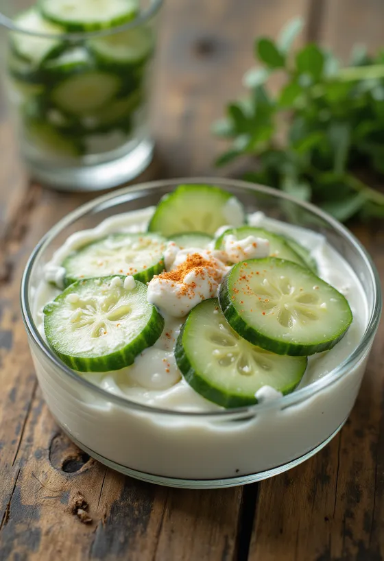 Svježa salata od krastavaca s vrhnjem posuta češnjakom i crvenom paprikom, poslužena u bijeloj zdjeli.