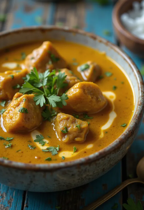 Goveđi curry poslužen s kokosovim mlijekom i začinima