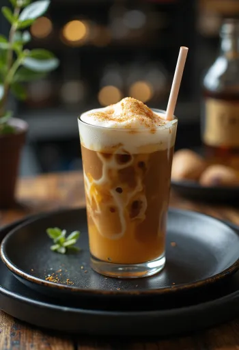 Medeno-rum frappe kremasto piće od kave ukrašeno tučenim vrhnjem i cimetom
