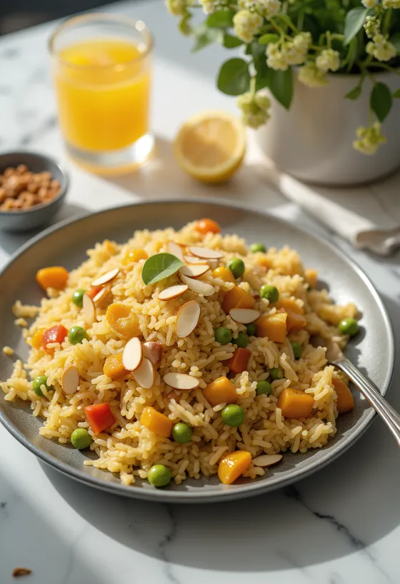 Kabsa u veganskoj verziji, poslužena s bogatim povrćem i začinjenim jelom na bazi riže.