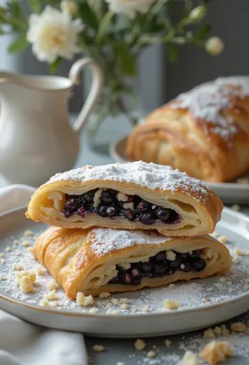 Svježe pečena štrudla od maka s hrskavim tijestom, narezana na kriške, posuta šećerom u prahu.