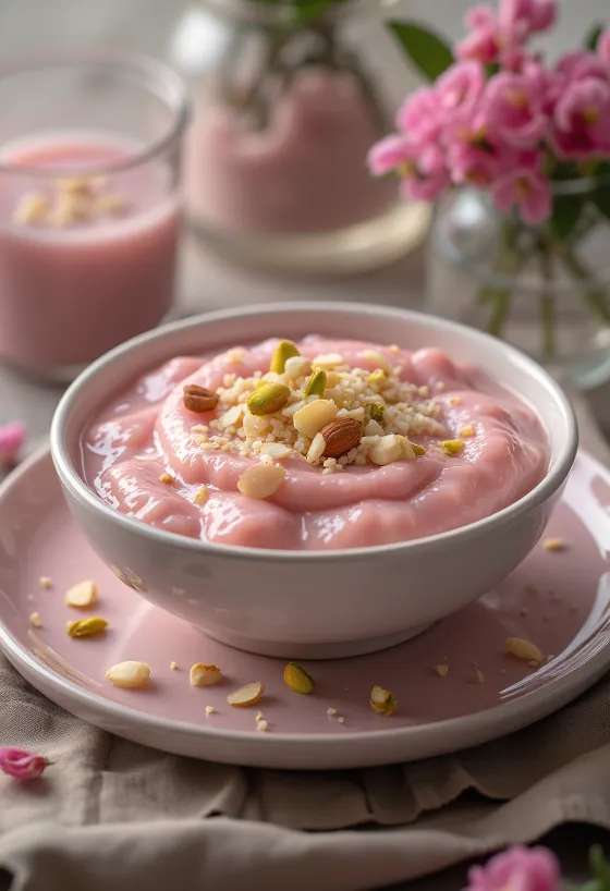 Kheer s ružom, desert ukrašen bademima i pistacijama
