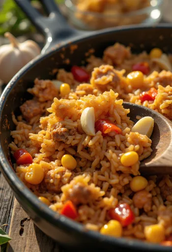 Arroz carreteiro u začinjenoj varijanti, bogato jelo od riže, posluženo s mesom i povrćem