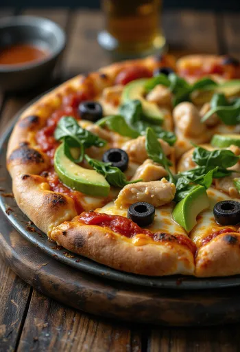 California Pizza sa svježim avokadom, pilećim prsima i špinatom