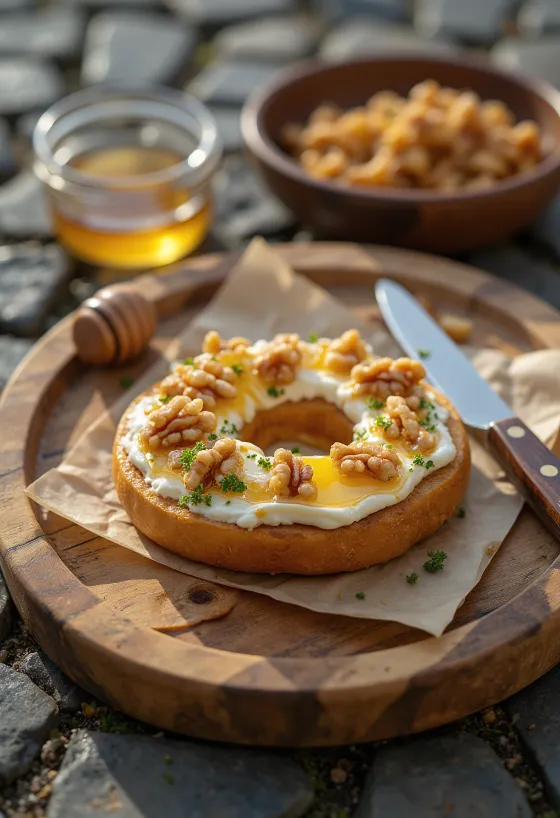 Posluženi bagel s orasima i kozjim sirom