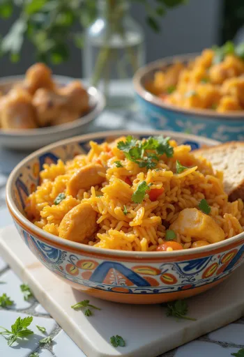 Jollof riža poslužena s piletinom