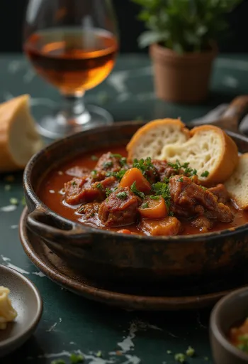 Goveđi gulaš sa sočnim kockicama mesa, poslužen u umaku od crvene paprike