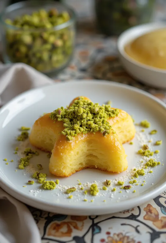 Kolač Pandoro s pistacijama, zlatnosmeđe kore, posut šećerom u prahu