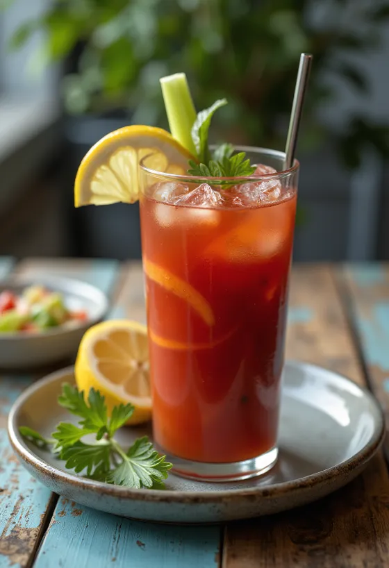 Bloody Mary koktel ukrašen stabljikom celera i kriškom limuna