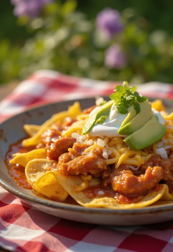 Chilaquiles s mesom enchilada, trakice tortilje, enchilada umak, piletina, avokado, sir i korijander kao ukras