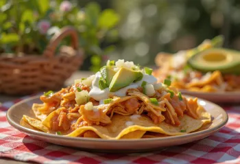 Chilaquiles s mesom enchilada, trakice tortilje, enchilada umak, piletina, avokado, sir i korijander kao ukras