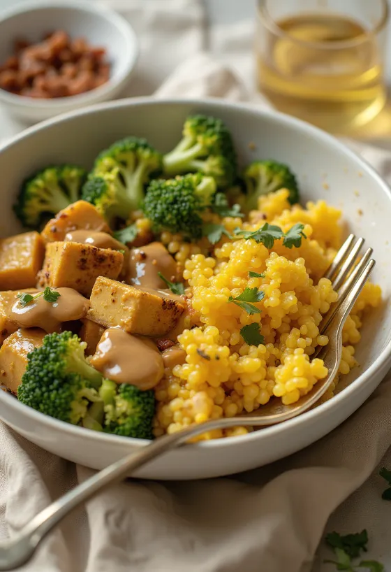 Poslužena Buddha zdjela s kvinojom, curryjem i tofuom s tahinijem