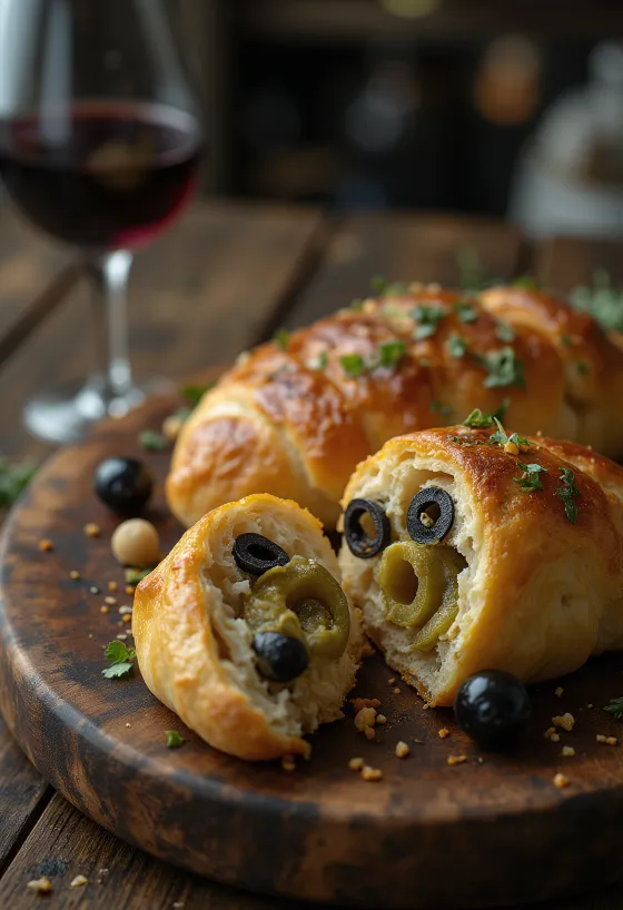 Stromboli s maslinama serviran, s bogatim maslinama i otopljenom mozzarellom na vrhu, izvana hrskav, a iznutra mekan.