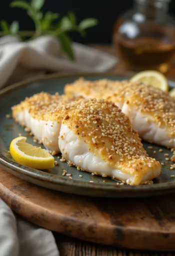 Tilkut posut sezamom, poslužen sa zlatno-smeđim, hrskavim komadima ribe