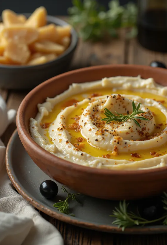 Tirokafteri s feta sirom, crvenim vinskim octom, poslužen s maslinama