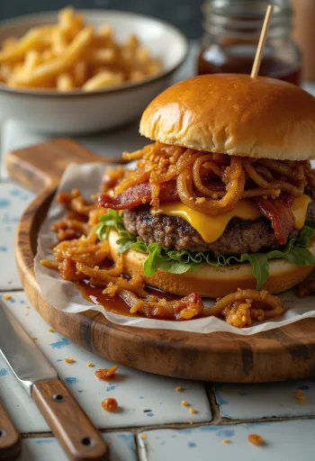 BBQ burger serviran na drvenoj dasci