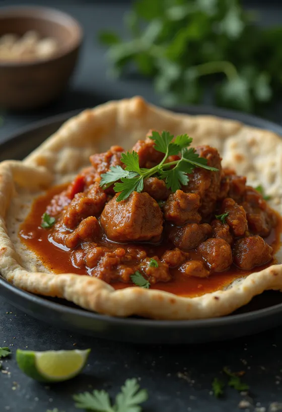Etiopski janjeći ragu s Berbere začinima serviran s injera kruhom