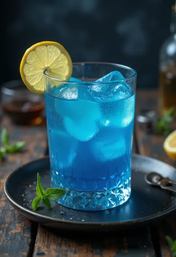 Blue Lagoon koktel ukrašen kriškom limuna i koktel višnjom
