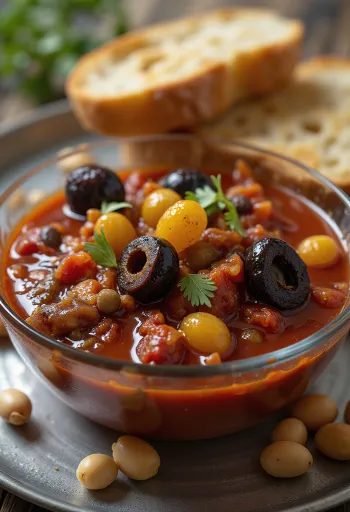 Caponata s pinjolima i grožđicama, poslužena sa svježim korijanderom