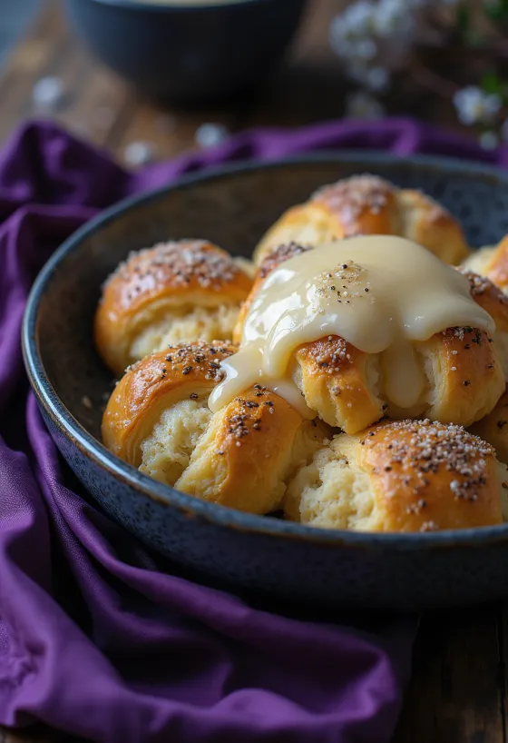Mákos guba posuta šećerom u prahu, poslužena s umakom od vanilije