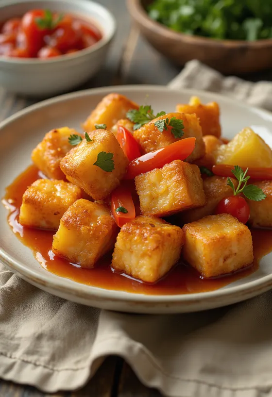 Hrskavi prženi tofu u ljepljivom slatko-kiselom umaku