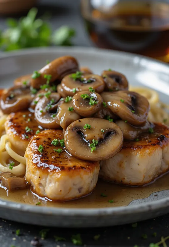 Teleći scallopini Marsala posluženi s gljivama i svježim peršinom