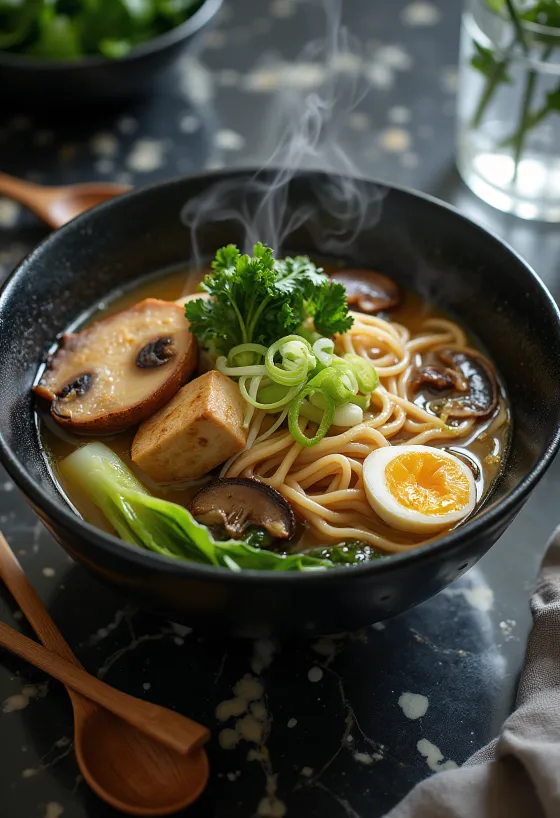 Veganski ramen poslužen s tofuom, shiitake gljivama i svježim povrćem