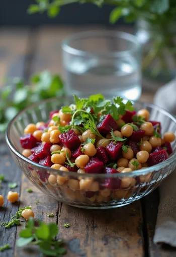 Salata od cikle i slanutka, poslužena sa svježom rikolom i tostiranim orasima.