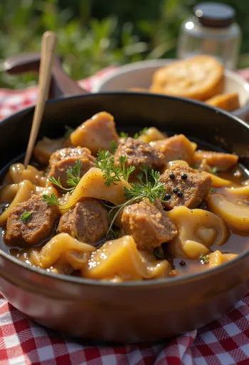 Karjalanpaisti poslužen s kuhanim krumpirom