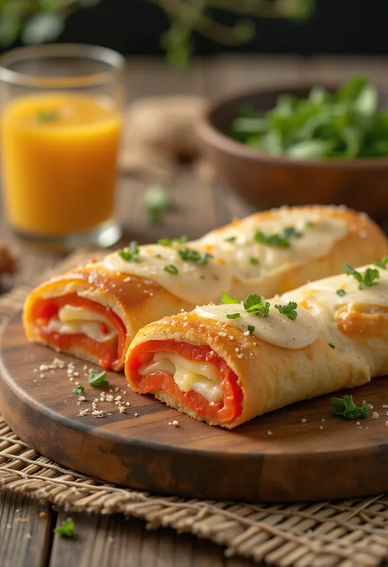 Stromboli s paprikom serviran, s bogatom paprikom i otopljenom mozzarellom na vrhu, izvana hrskav, a iznutra mekan.