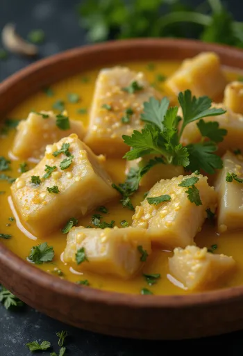 Vatapá de peixe com alho, riba kuhana u kremastom kokosovom mlijeku, poslužena sa sokom limete i korijanderom