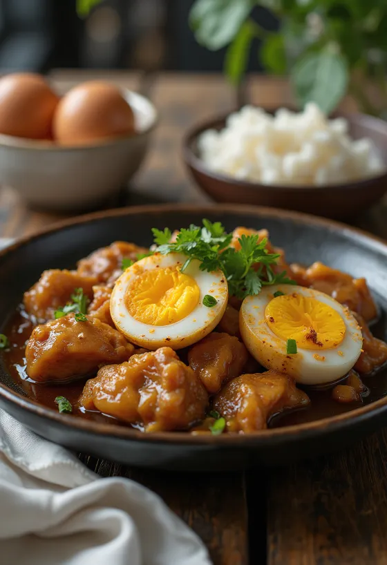 Adobo s jajima poslužen, piletina i jaja sjedinjeni kao ukusno jelo.