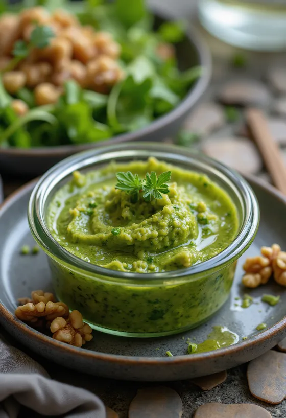 Pesto s rikolom i orasima, svjež i zelen umak poslužen