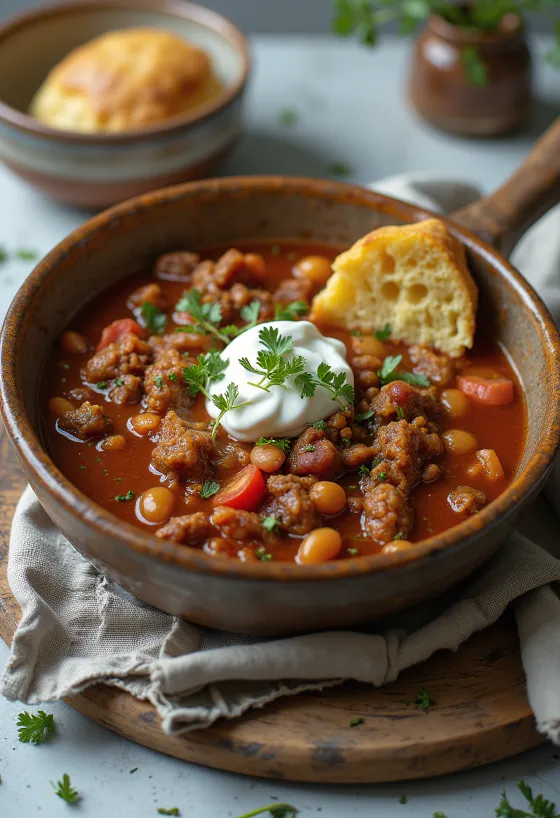 Chili od divljači poslužen u rustikalnoj zdjeli